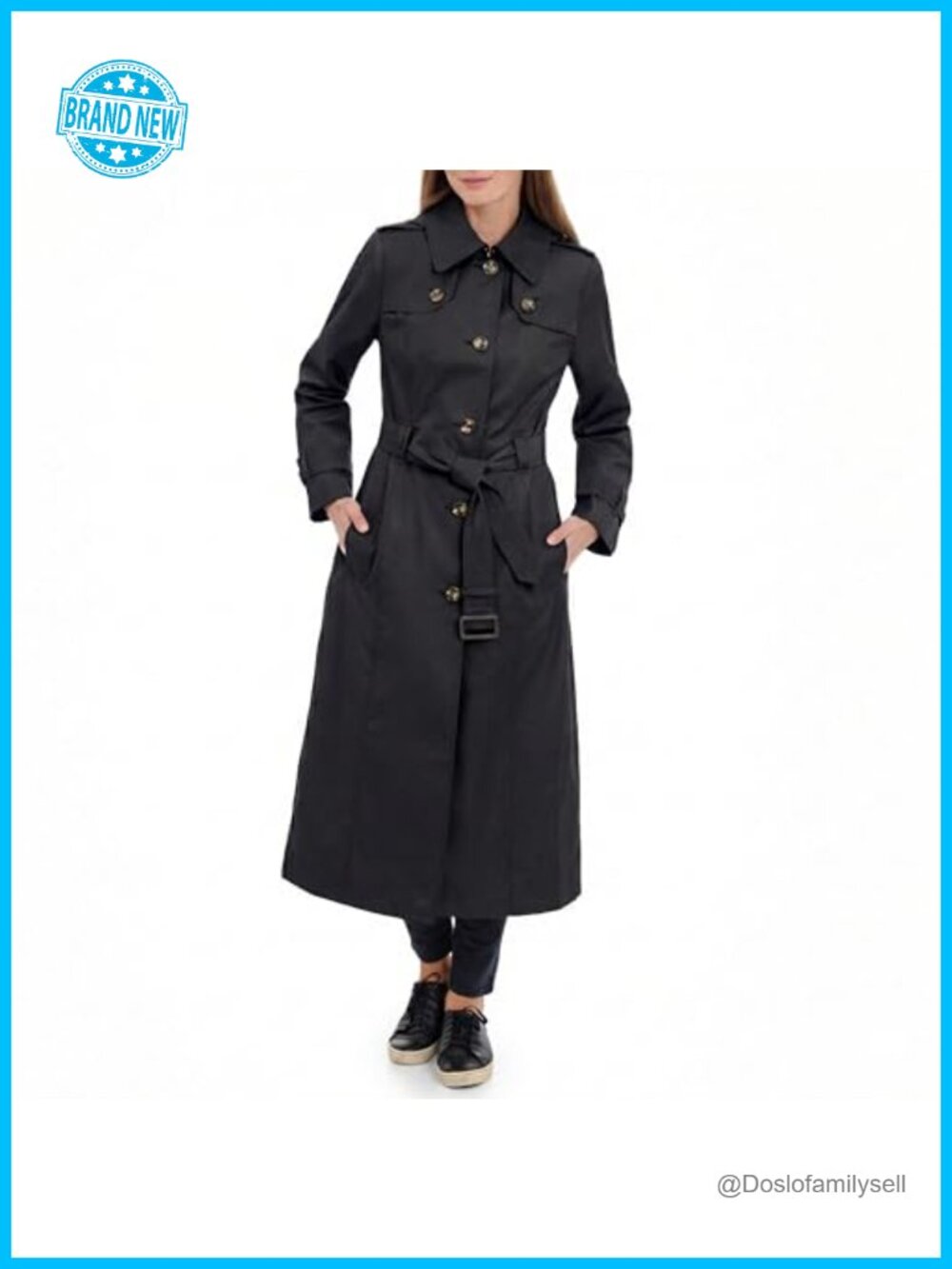 Women's Long Trench Coat Button Front Belted Epaulettes Detachable Hood
